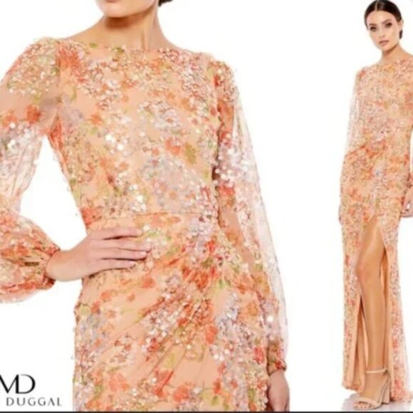 MAC DUGGAL 93547 FLORL PRINT SEQUINED PUFF SLEEVE GOWN sz 16 - Picture 5 of 5